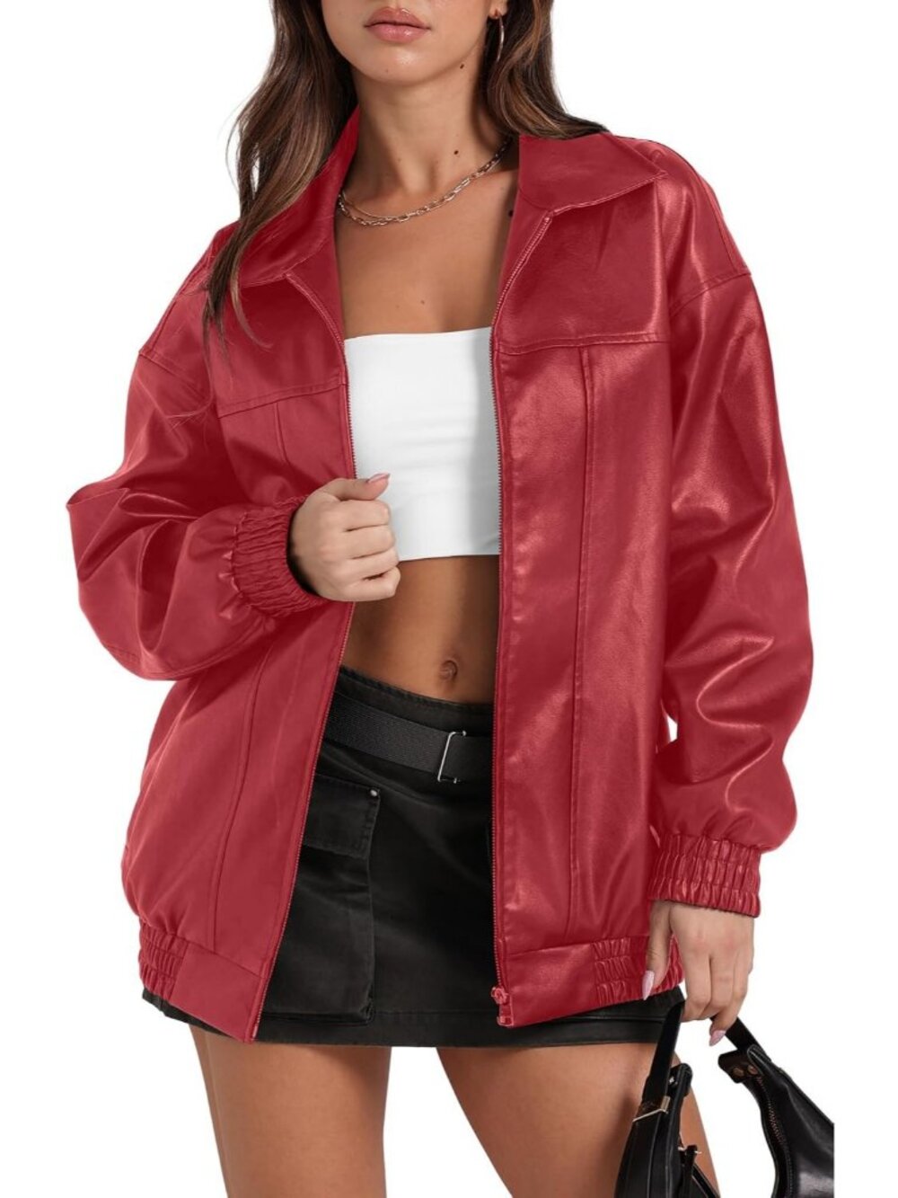 Women Bright Red Leather Baggy Oversized Zip Up Classic Motorcycle Bomber Jacket
